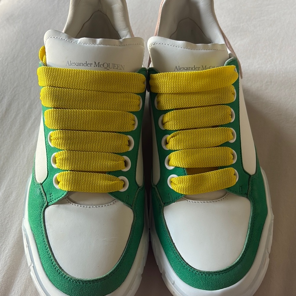 Alexander McQueen White and Green Sneakers with Yellow Laces